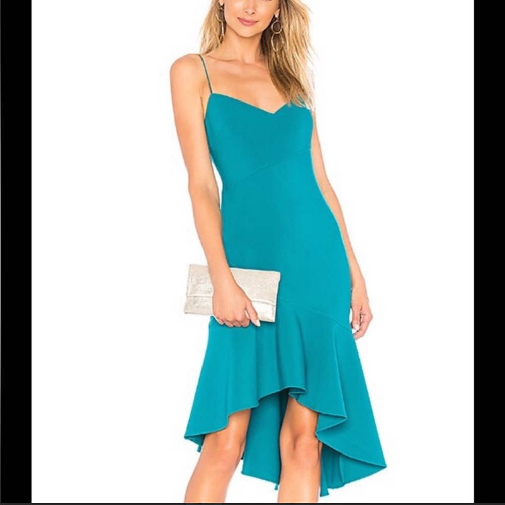 Likely x Revolve Ophelia Dress in Harbor Blue - Asymmetrical Ruffle Heml…